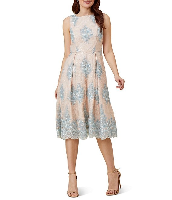 Adrianna Papell Sequin Embroidered Lace Boat Neckline Midi Dress ...