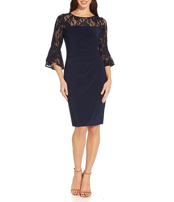 Color:Midnight - Image 1 - Sequin Lace 3/4 Bell Sleeve Round Illusion Neck Jersey Side Draped Sheath Dress