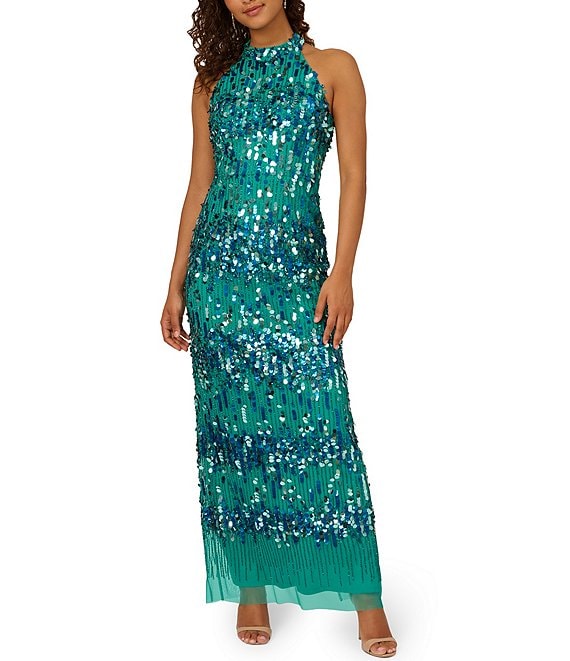 Adrianna Papell Sequin Paillette Halter Neck Sleeveless Column Dress ...