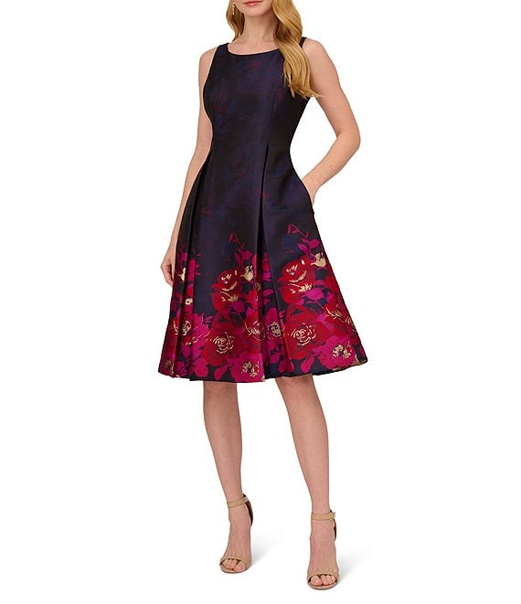 Adrianna Papell Sleeveless Metallic Floral Border Print A-Line Dress ...
