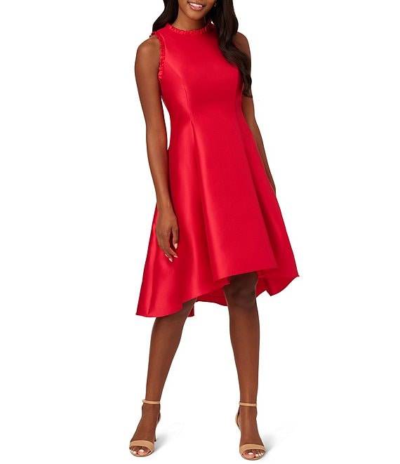 Adrianna Papell Sleeveless Mock Halter Neck Stretch Knit Crepe Fit and Flare High Low Dress