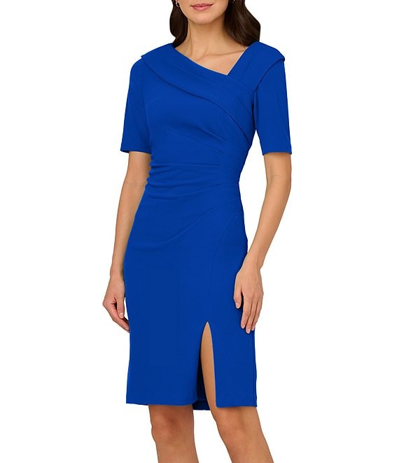 Adrianna Papell Stretch Crepe Asymmetrical Square Neckline Short Sleeve Sheath Dress