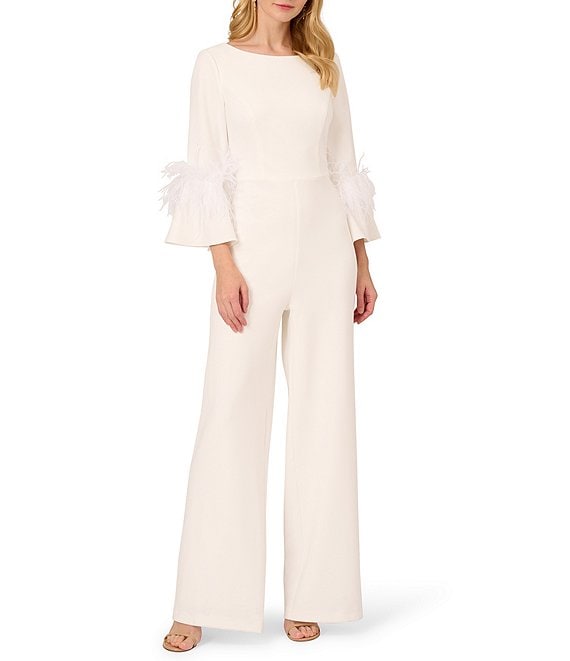 Adrianna Papell Stretch Crepe Boat Neck 3/4 Sleeve Feather Trim ...