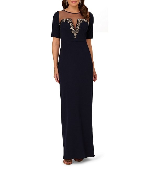 Color:Midnight - Image 1 - Stretch Crepe Gown with Beaded Illusion Neckline