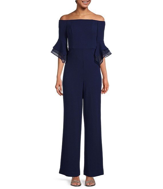 Adrianna Papell Stretch Off the Shoulder 3/4 Sleeve Jumpsuit | Dillard's