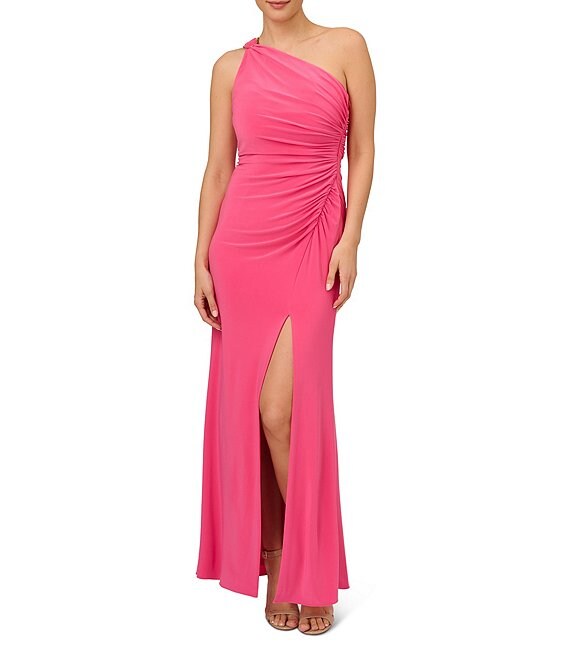 Adrianna Papell Stretch One Shoulder Sleeve Ruched Bodice Gown | Dillard's