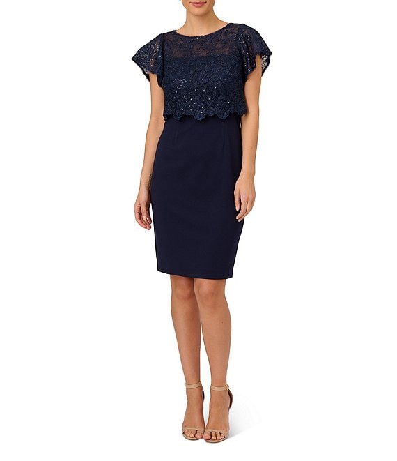 Adrianna Papell Stretch Round Neck Flutter Cap Sleeve with Sequin Lace ...