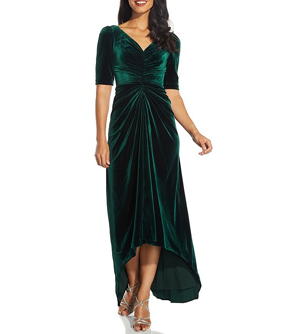 B233074 Sophisticated Stretch Velvet Gown with Mini Sleeves and Diamond  Shaped Back Opening
