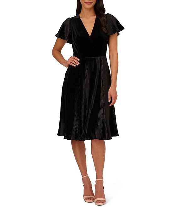 Adrianna Papell Stretch Velvet Pleated V Neck Short Flutter Sleeve Dress