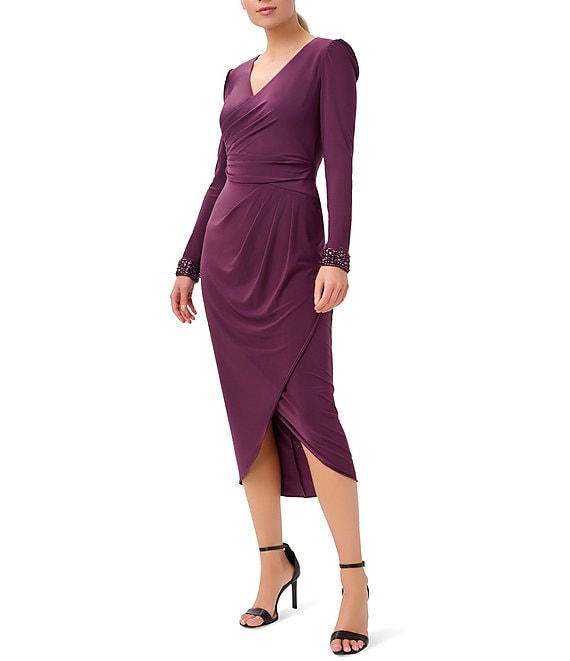 Color:Ruch Shiraz - Image 1 - Surplice V-Neck Long Sleeve Beaded Cuff Faux Wrap High-Low Hem Midi Dress