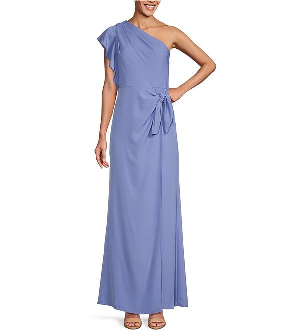 Adrianna Papell Twill One Shoulder Flutter Short Sleeve Faux Wrap Dress ...