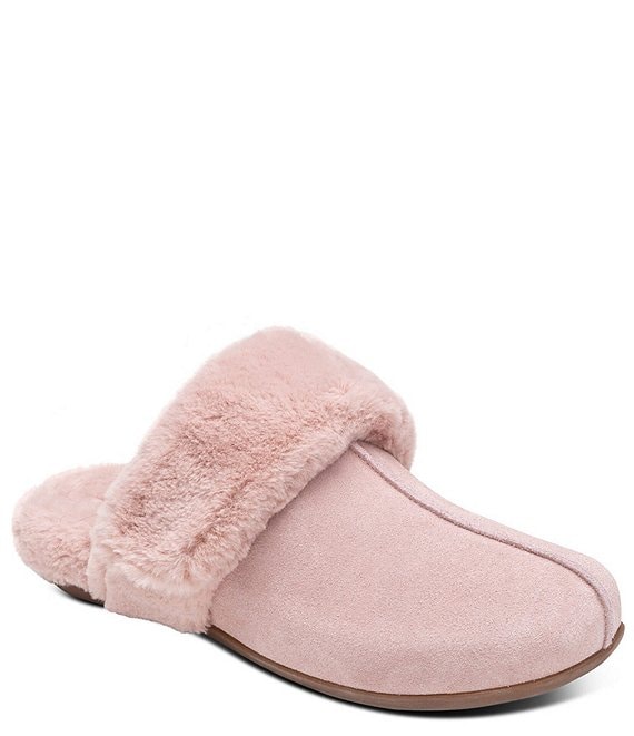 Color:Pink - Image 1 - Arianna Suede Faux Fur Lined Slippers