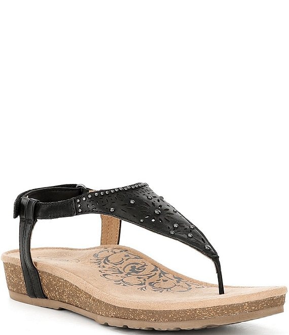 Aetrex Evelyn Studded Perforated Leather Hook-and-Loop Thong Sandals