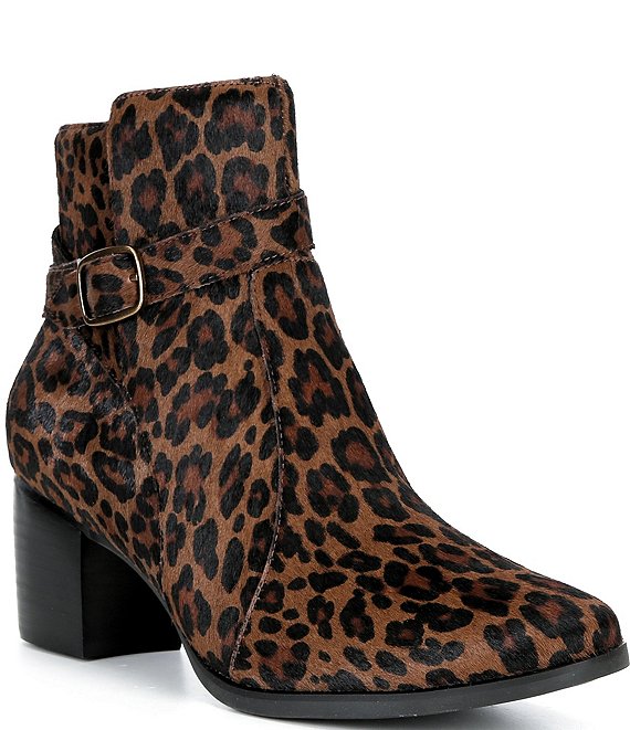 Aetrex Rebecca Leopard Print Calf Hair Buckle Strap Block Heel Booties