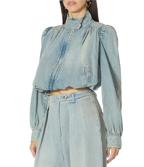 AFRM Galli Gathered Denim Collared Long Sleeve Coordinating Crop Jacket
