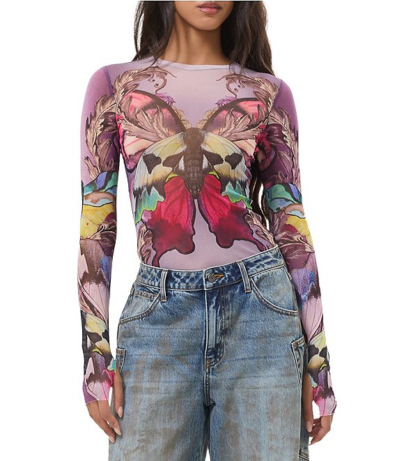 AFRM Kaylee Butterfly Printed Crew Neck Long Sleeve Mesh Top