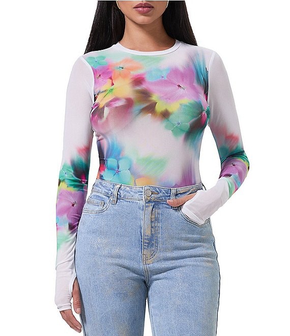 AFRM Kaylee Printed Mesh Crew Neck Long Sleeve Top | Dillard's