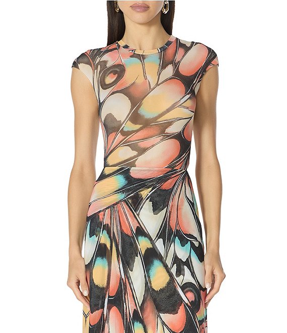 AFRM Nina Butterfly Printed Crew Neck Cap Sleeve Coordinating Mesh Tee