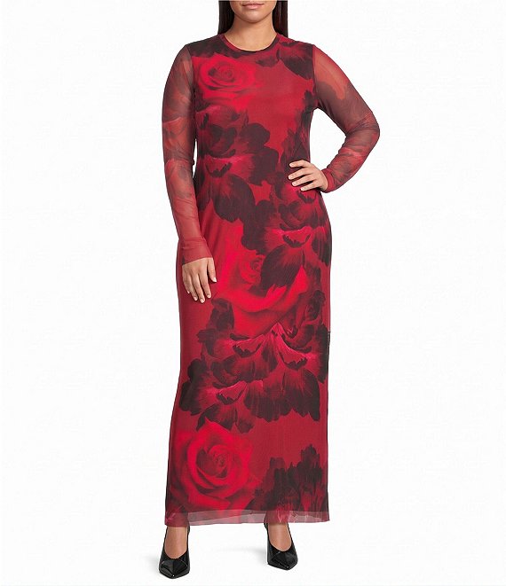AFRM Plus Size Didi Holiday Rose Printed Crew Neck Long Sleeve Mesh Maxi Dress