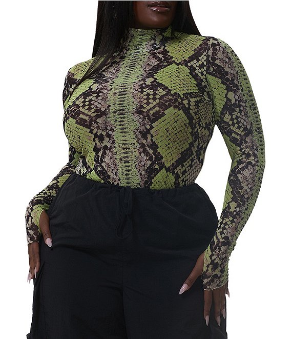 AFRM Plus Size Zadie Snake Print Mock Neck Long Sleeve Mesh Top, Lime Snake - Image 1