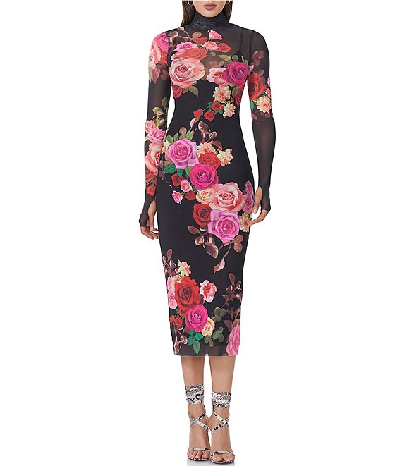 AFRM Shailene Floral Printed Mesh Turtleneck Long Sleeve Midi Dress
