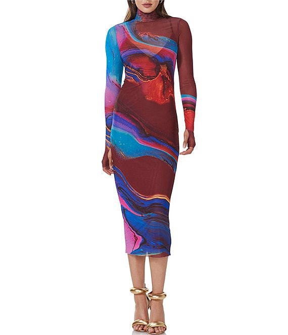 AFRM Shailene Printed Mesh Turtleneck Long Sleeve Bodycon Midi Dress ...