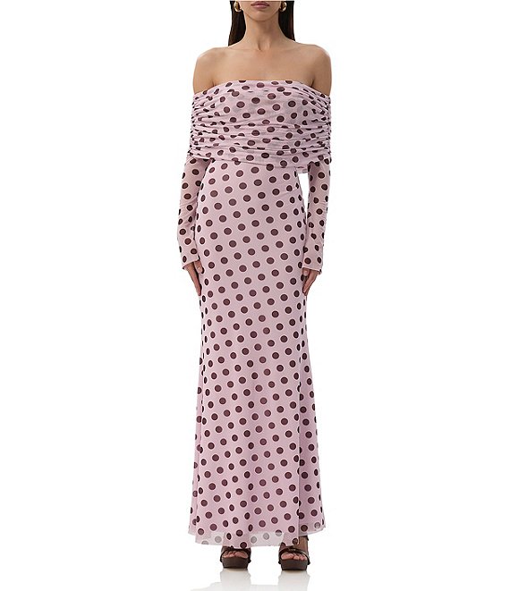 AFRM Thelma Dot Print Off-The-Shoulder Long Sleeve Mesh Maxi AFRM Thelma Dot Print Off-The-Shoulder Long Sleeve Mesh Maxi