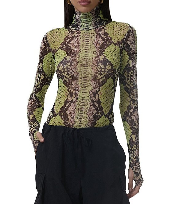AFRM Zadie Snake Print Mock Neck Long Sleeve Mesh Top, Lime Snake - Image 1