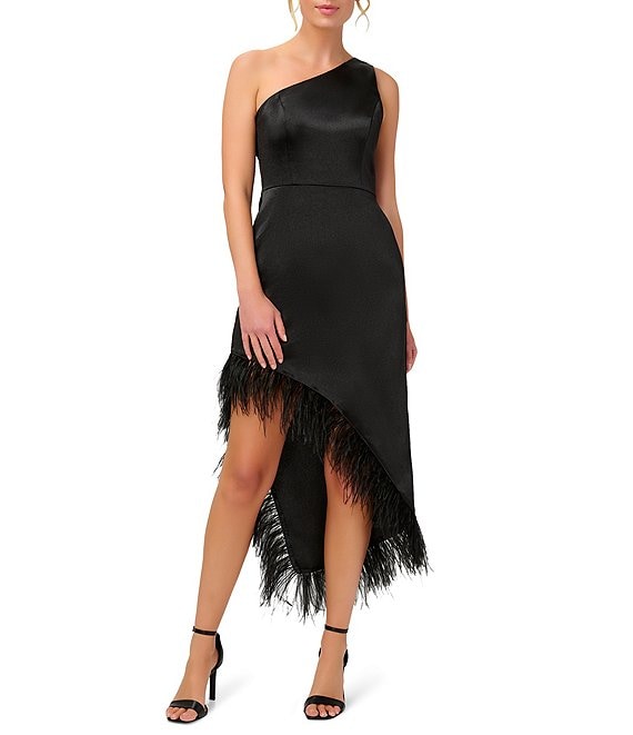 Color:Black - Image 1 - One Shoulder Sleeveless Asymmetrical Feather Hem Dress