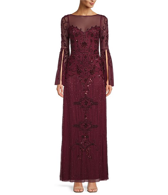 Aidan Mattox Beaded Illusion Boat Neck 3/4 Bell Sleeve A-Line Gown ...