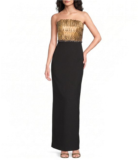 Aidan Mattox Feather Bodice Knit Crepe Column Gown