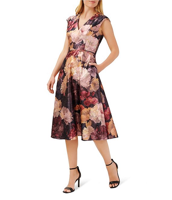 Aidan Mattox Floral Print V-Neck Cap Sleeve Jacquard Midi Dress | Dillard's