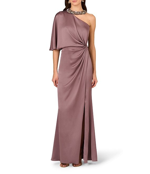 Aidan Mattox Satin Crepe Back Asymmetrical One Shoulder