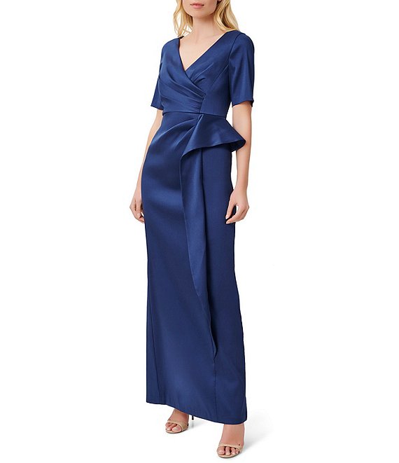 Aidan Mattox Satin Surplice V Neck Short Sleeve Ruched Ruffle Side Back Slit Gown