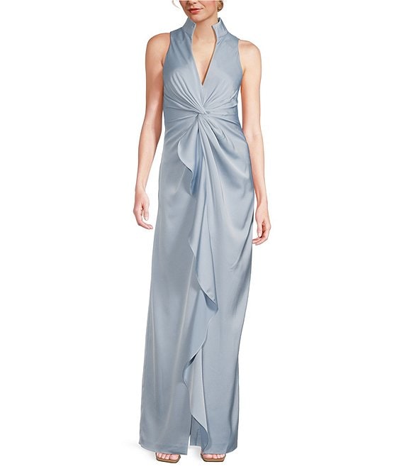 Aidan Mattox Satin V-Neck Twist Front with Cascading Ruffle