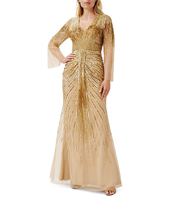 Color:Gold - Image 1 - Sequin Beaded V-Neck Long Bell Sleeve Cascade Front Detail Mermaid Gown