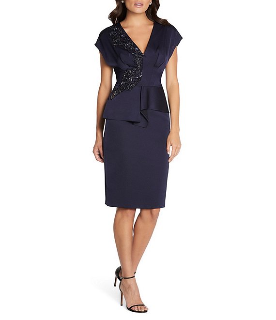 Color:Navy - Image 1 - Sequin Lace Applique V-Neck Cap Sleeve Peplum Satin Dress