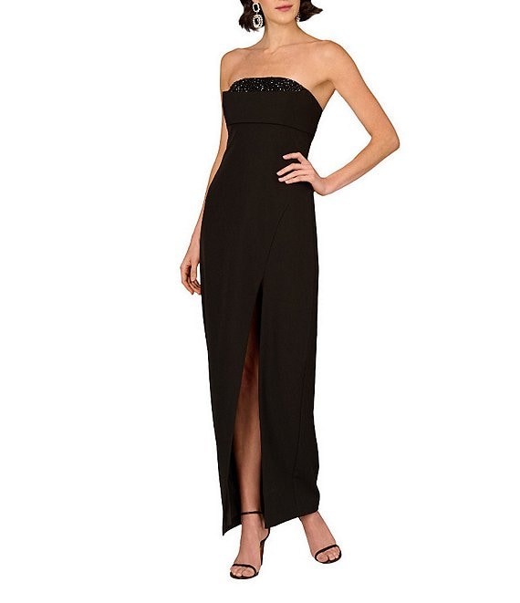 Aidan Mattox Stretch Crepe Strapless Beaded High Leg Sheath