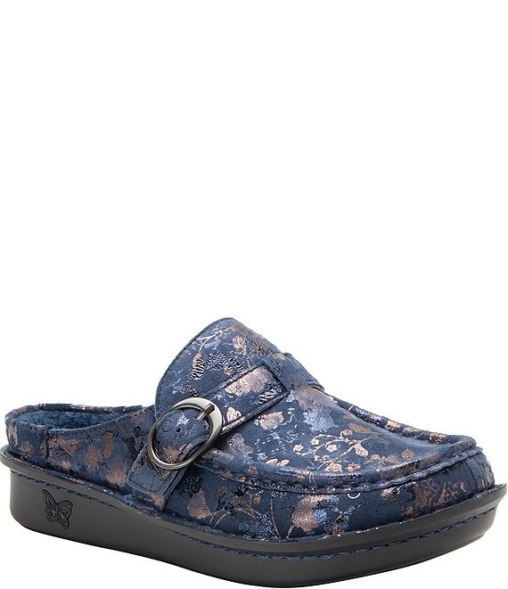 Alegria Brigid Lumen Print Suede Buckle Strap Mule Clogs