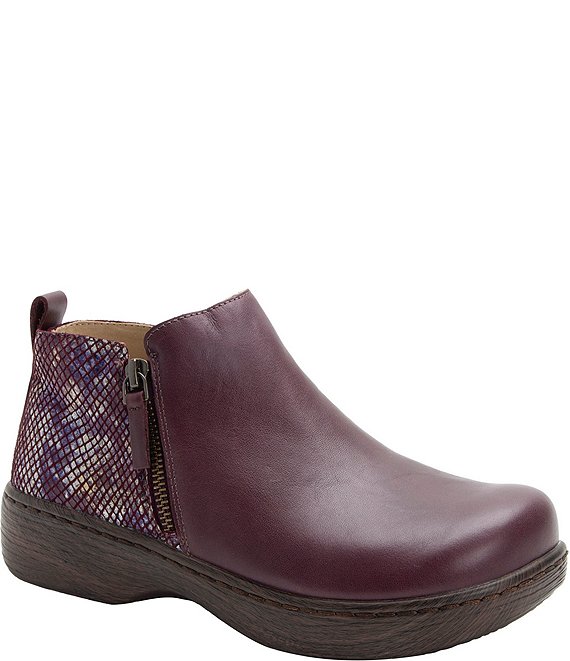 Alegria Oaklee Leather Snake Print Accent Dual Zip Ankle Booties