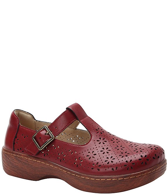 Alegria Odessa Perforated Leather T-Strap Rocker Bottom Clogs