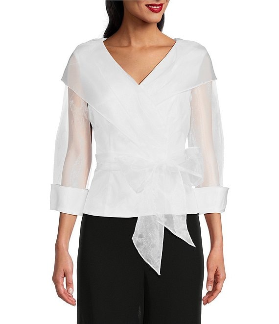 Alex Evenings 3 4 Illusion Sleeve Portrait Collar Tie Waist Organza Blouse