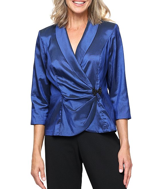 Alex Evenings 3/4 Sleeve Collared V-Neck Taffeta Blouse, Royal - Image 1