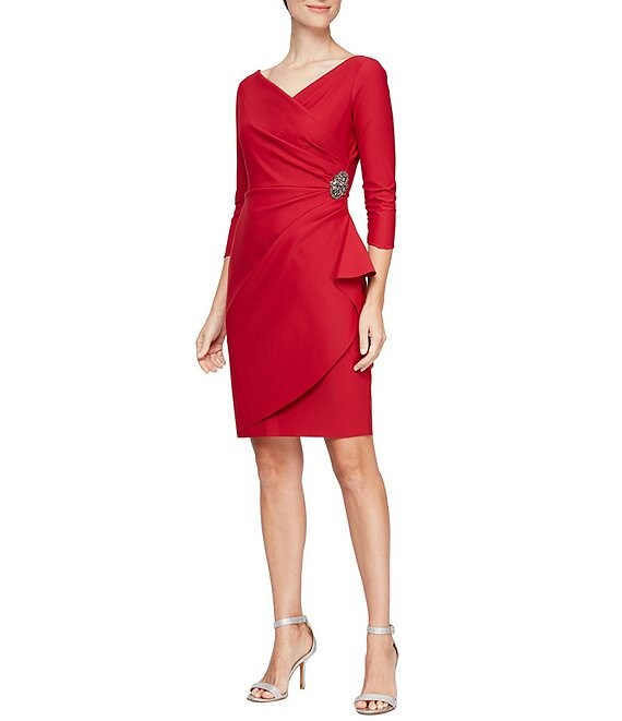 Color:Deep Red - Image 1 - Surplice V-Neck 3/4 Sleeve Ruffle Beaded Hip Detail Scuba Compression Sheath Dress