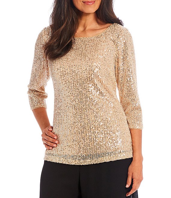 Alex Evenings 3/4 Sleeve Round Neck Keyhole Back Sequin Embroidered ...