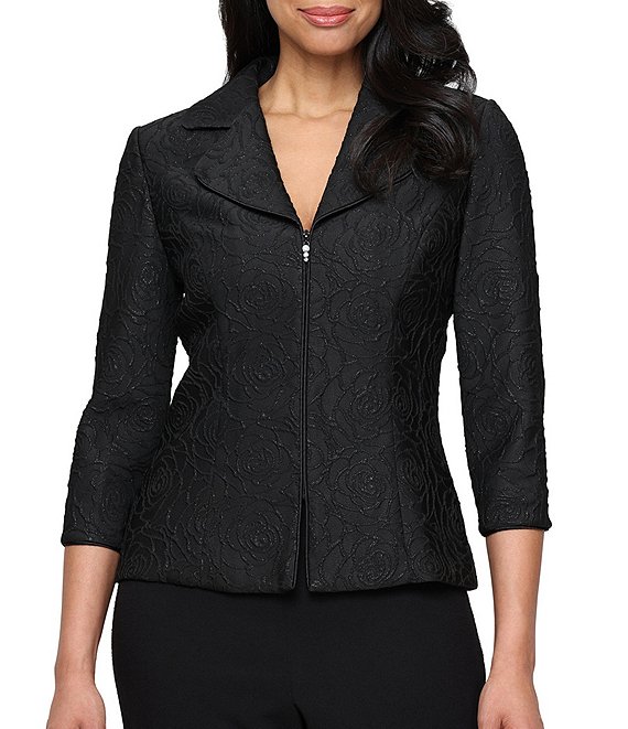 Alex Evenings 3/4 Sleeve Textured Jacquard Zip Jacket