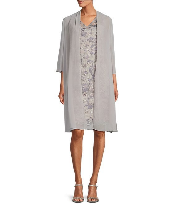 Alex Evenings 3 4 Sleeve V Neck Embroidered 2 Piece Jacket Dress