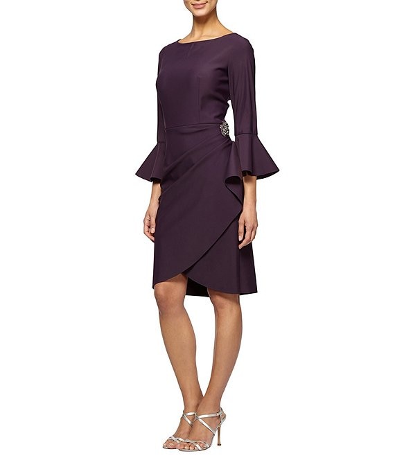 Color:Aubergine - Image 1 - Round Neck 3/4 Bell Sleeve Embellished Brooch Cascade Ruffle Compression Scuba Crepe Sheath Dress
