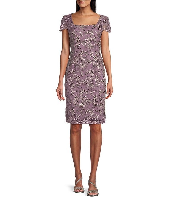 Alex Evenings Cap Sleeve Square Neck Embroidered Sheath Dress