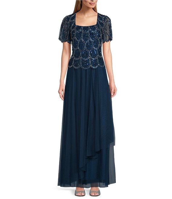 Alex Evenings Chiffon Hand Beaded Mock Square Neck Cascade Asymmetric Overlay A Line Dress Dillard s